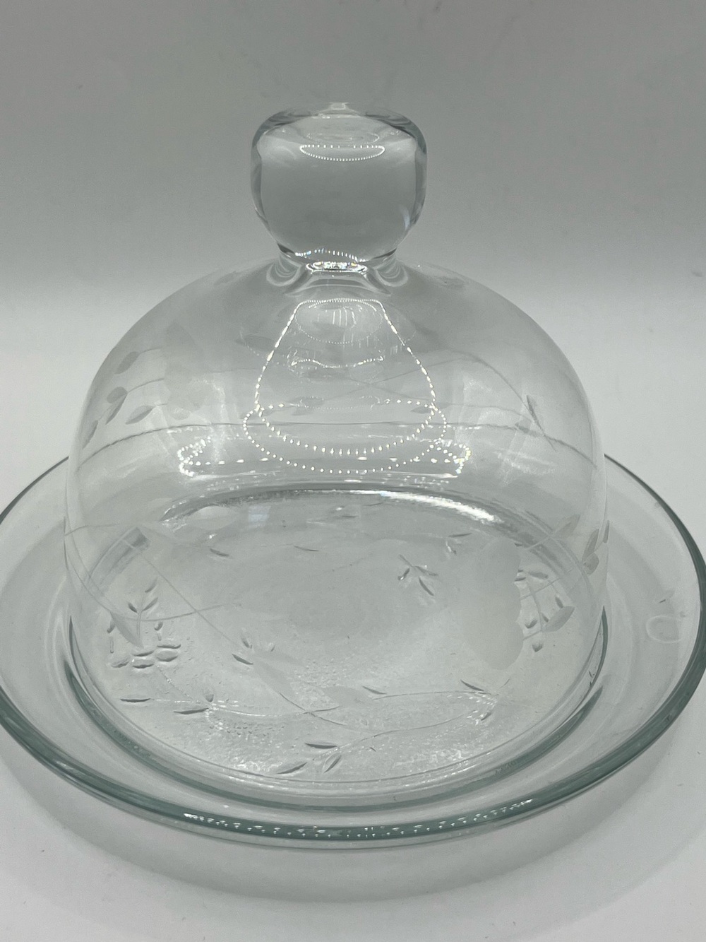 Clear Glass Cloche with Etched Floral Design. Butter dish, candles, decorative